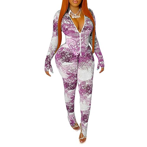

Women's Jumpsuit Zipper Print Print V Neck Streetwear Street Sport Regular Fit Long Sleeve Blue Purple Khaki S M L Spring