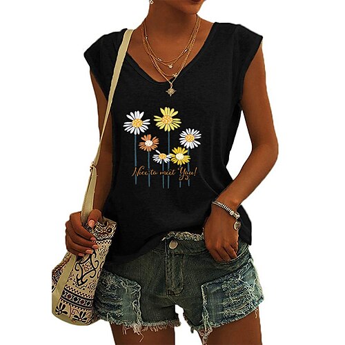 

Women's Tank Top Camis Green Blue Yellow Letter Daisy Print Sleeveless Holiday Weekend Streetwear Casual V Neck Regular Floral S / 3D Print