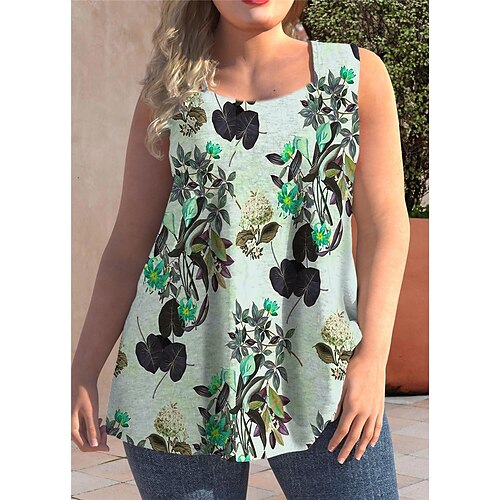 

Women's Plus Size Tops Tank Top Floral Print Sleeveless Strap Streetwear Preppy Daily Going out Polyester Spring Summer Green Blue