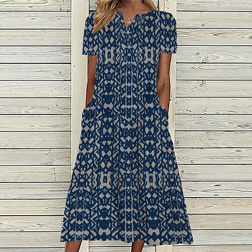 

Mulheres Vestido casual vestido étnico Vestido midi Azul Manga Curta Geométrica Bolsos Primavera Verão Decote V Férias 2023 S M L XL XXL 3XL