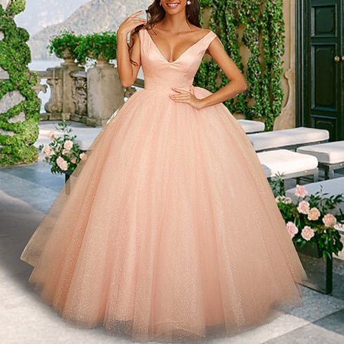

Princess Ball Gown Wedding Dresses V Neck Floor Length Satin Tulle Sleeveless Formal Simple Sexy with Bow(s) 2022