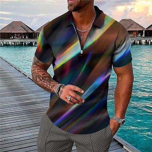 

Men's Collar Polo Shirt Golf Shirt Gradient Turndown Rainbow 3D Print Casual Daily Short Sleeve Zipper Print Clothing Apparel Fashion Designer Casual Breathable / Sports