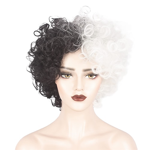 

noir et blanc perruque courte afro moitié noir moitié blanc perruque pour les filles cruella deville cosplay femmes synthétique perruque fête quotidienne