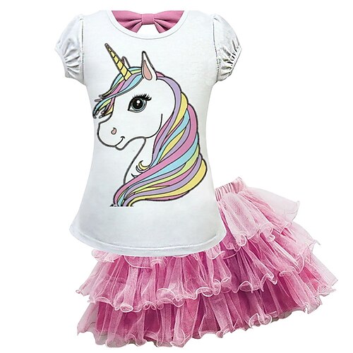 

Kids Girls' T-shirt Skirt SkirtSet Clothing Set 2 Pieces Short Sleeve White Pink Unicorn Animal Mesh Bow Print Street Indoor Vacation Active Casual Fashion Daily Mini 3-10 Years