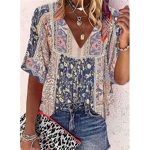 

Women's Holiday Weekend Floral Blouse Shirt Floral Short Sleeve Flowing tunic Print V Neck Casual Streetwear Boho Tops Pink S / 3D Print