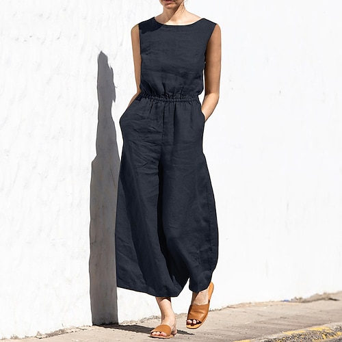 

Women's Pants Trousers Jumpsuit Rompers Cotton Blend Yellow Army Green Khaki Mid Waist Fashion Casual Weekend Side Pockets Micro-elastic Full Length Comfort Plain S M L XL XXL