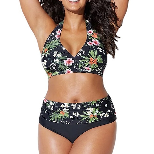 

Women's Swimwear Bikini 2 Piece Plus Size Swimsuit Open Back Printing High Waisted Floral Green Halter V Wire Bathing Suits Sexy Vacation Fashion / Modern / New