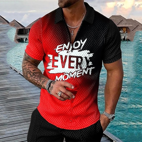 

Men's Collar Polo Shirt Golf Shirt Letter Turndown Black / Red 3D Print Street Daily Short Sleeve Zipper 3D Clothing Apparel Fashion Casual Breathable Comfortable / Beach