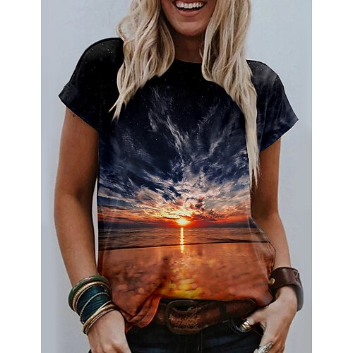 

Women's T shirt Tee Red Scenery 3D Print Short Sleeve Casual Holiday Basic Round Neck Regular Abstract Painting S