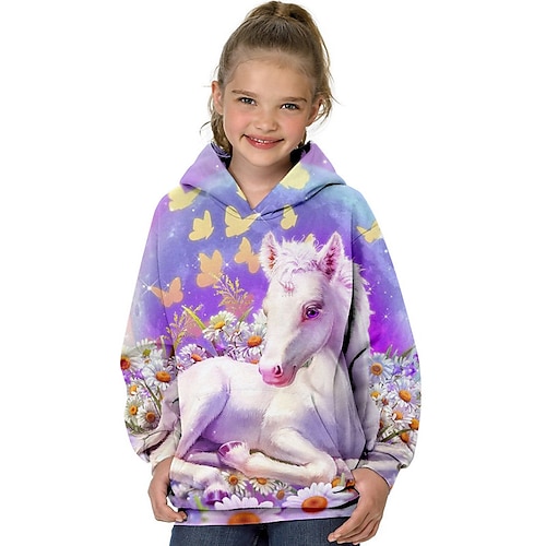 

Kids Girls' Hoodie Long Sleeve 3D Print Unicorn Animal Pocket Purple Children Tops Fall Spring Fashion Streetwear Adorable Daily Indoor Outdoor Regular Fit 3-13 Years