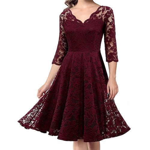 

Women's Party Dress Lace Dress Swing Dress Mini Dress Wine 3/4 Length Sleeve Pure Color Lace Winter Fall Spring V Neck Fashion Party Slim 2023 S M L XL