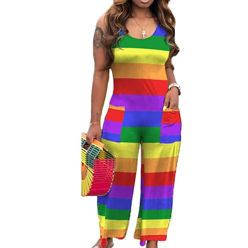 

Women's Jumpsuit Pocket Rainbow Crew Neck Streetwear Going out Regular Fit Sleeveless Rainbow S M L Spring