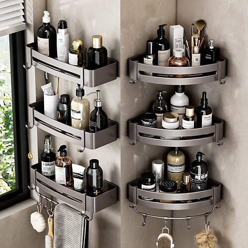 

Gun Grey Bathroom Kitchen Storage Rack Wall Hanging Space Aluminum Storage Rack Bathroom Kitchen Supplies Multifunctional Storage Rack