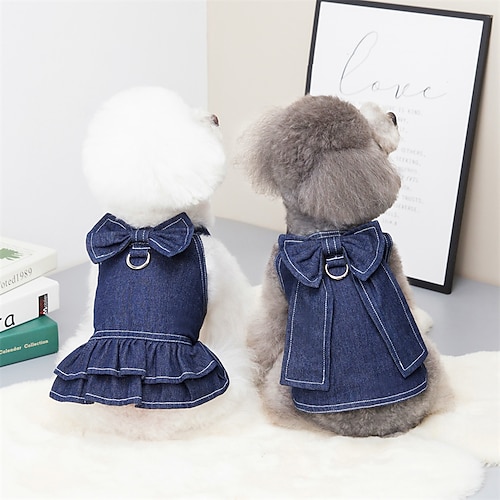 

Dog Cat Harness Dress Vest Solid Colored Bowknot Denim Adorable Sweet Dailywear Casual Daily Dog Clothes Puppy Clothes Dog Outfits Soft Ocean Blue Blue Costume for Girl and Boy Dog Cotton S M L XL XXL