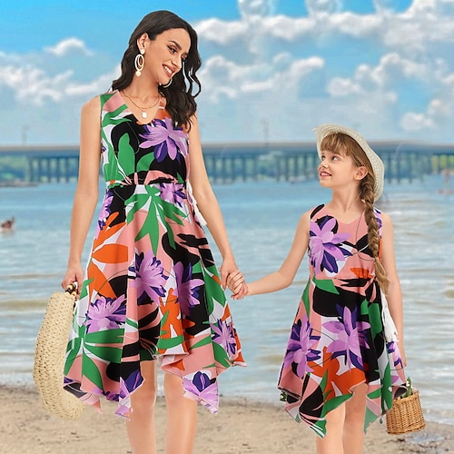 

Mommy and Me Dresses Floral Street Print Pink Sleeveless Knee-length Active Matching Outfits