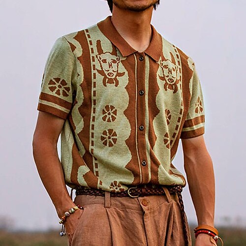 

Men's Collar Polo Shirt Knit Polo Sweater Golf Shirt Argyle Turndown Brown Print Daily Holiday Short Sleeve Clothing Apparel Fashion Chunky Comfortable Gentleman / Beach