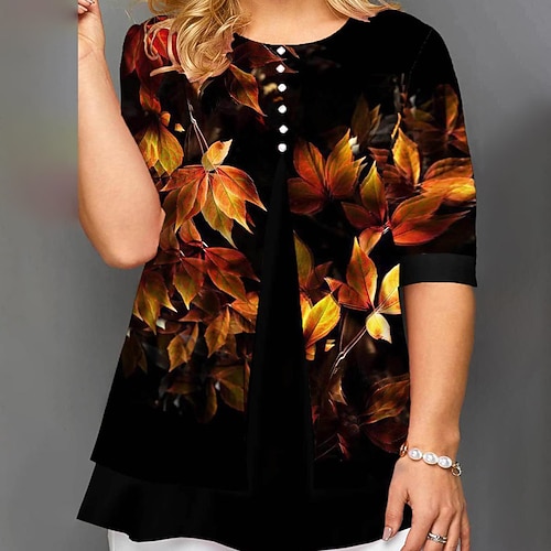

Women's Plus Size Tops Blouse T shirt Tee Color Gradient Button Print Half Sleeve Crewneck Streetwear Daily Going out Polyester Spring Summer Black