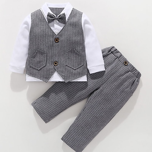 

4 Pieces Kids Boys Shirt & Pants Tank & Pants Clothing Set Outfit Stripe Long Sleeve Patchwork Cotton Set School Preppy Style Spring Summer 1-5 Years Black Khaki Light Blue