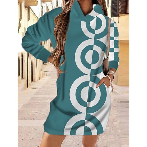 

Women's Hoodie Dress Winter Dress Short Mini Dress Green Black Blue Purple Yellow Long Sleeve Fall Geometric Pocket Print Fall Spring Hooded Casual Fashion 2022 XS S M L XL XXL 3XL 4XL