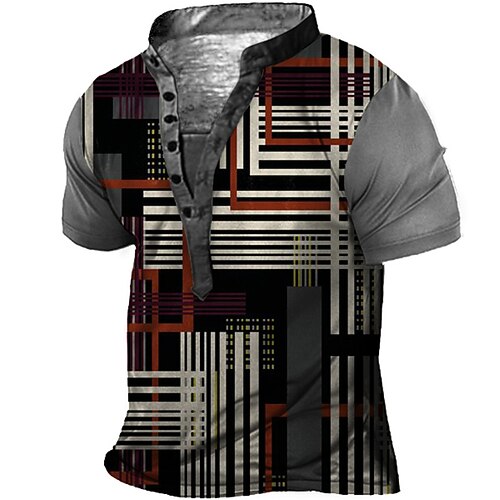

Men's Henley Shirt Tee T shirt Tee 3D Print Graphic Patterned Geometry Plus Size Stand Collar Daily Sports Button-Down Print Short Sleeve Tops Designer Basic Casual Big and Tall Black / Summer