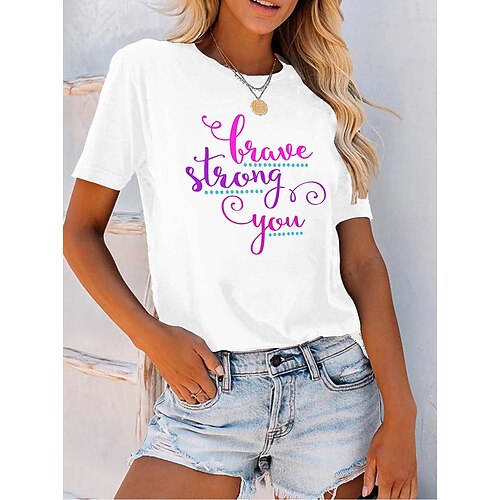 

Women's Casual Weekend Painting T shirt Tee Text Short Sleeve Print Round Neck Basic Tops White Black Pink S