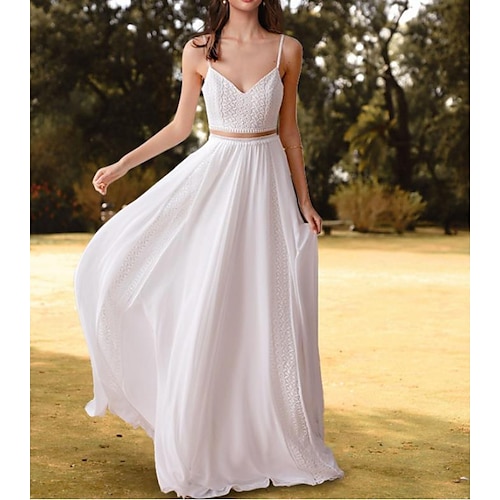 

Two Piece A-Line Wedding Dresses V Neck Spaghetti Strap Floor Length Chiffon Lace Sleeveless Beach Boho Sexy Backless with Appliques Solid Color 2022