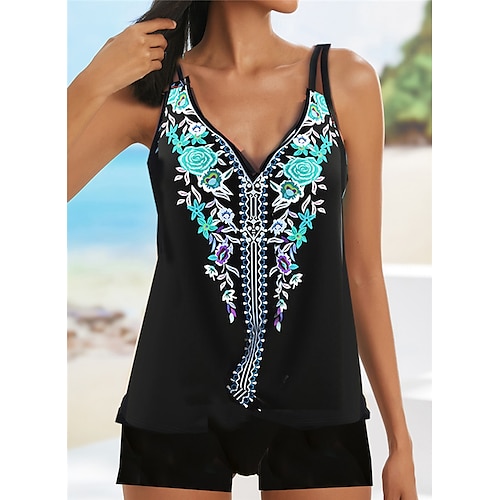 

Dame Badetøj Tankini 2 stk Plusstørrelser badedragt Åben Ryg Printer Blomstret Sort Blå Lilla Camisole Med stropper Badedragter nyt Ferie Mode / Moderne