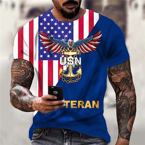 

Men's Unisex T shirt Tee Graphic Prints Eagle National Flag Crew Neck Blue 3D Print Outdoor Street Short Sleeve Print Clothing Apparel Sports Designer Casual Big and Tall / Summer / Summer