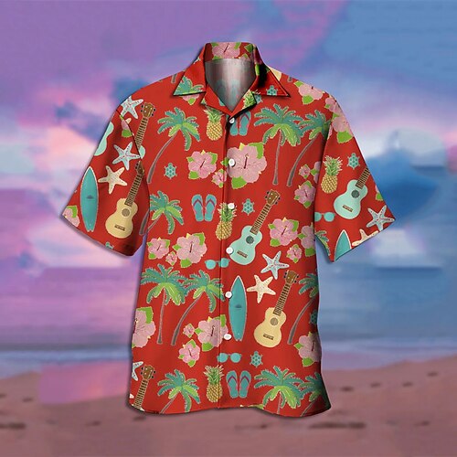 

Men's Shirt Musical Instrument Turndown Street Casual 3D Button-Down Short Sleeve Tops Casual Fashion Comfortable Beach Red