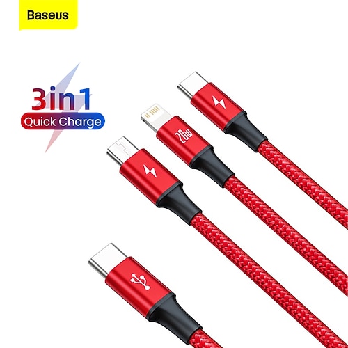 

Baseus Multi Charging Cable Multi Charger Cable Nylon Braided 3 in 1 Charging Cable Multi USB Cable Fast Charging Cord with Type-C, Micro USB and IP Port, Compatible with Most Phones & iPads