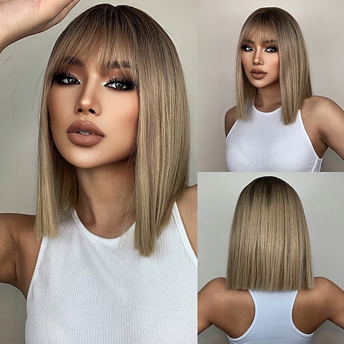 

HAIRCUBE Ombre Brown Short Kinky Straight Synthetic Wigs With Bangs Trendy Summer For African American Women