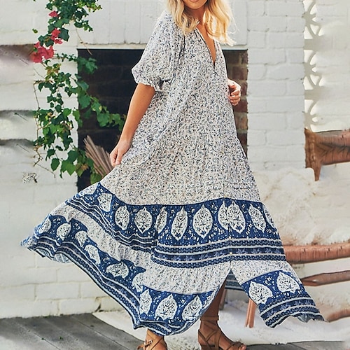 

Women's Casual Dress Swing Dress Boho Dress Long Dress Maxi Dress Blue Half Sleeve Floral Ruffle Winter Fall Spring V Neck Mature Weekend Loose Fit 2022 S M L XL