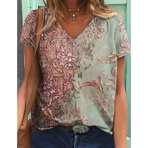 

Women's T shirt Tee Green Purple Light Green Floral Print Short Sleeve Casual Holiday Basic V Neck Regular Floral Painting S