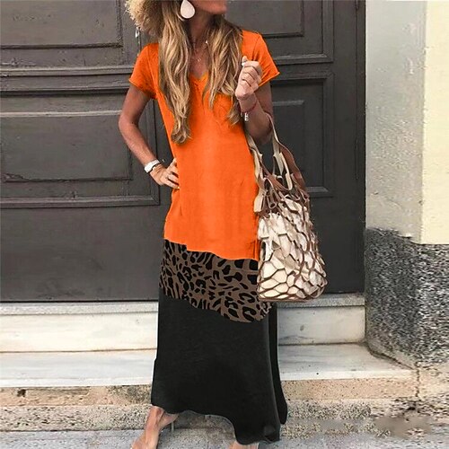 

Women's Shift Dress Maxi long Dress Green Black Gray Orange Short Sleeve Color Block Leopard Print Spring Summer V Neck Casual Vacation Loose 2022 S M L XL XXL 3XL 4XL 5XL
