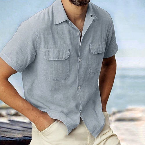 

Homme Chemise Lin Chemise Chemisette Chemise d'été Chemise de plage Blanche Rose Claire Bleu Manche Courte Couleur unie Col rabattu Eté Extérieur Plein Air Vêtement Tenue Bouton bas