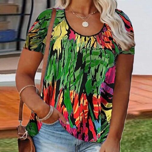 

Women's Plus Size Tops Blouse T shirt Tee Graffiti Print Short Sleeve Crewneck Streetwear Preppy Daily Going out Polyester Spring Summer Green Blue