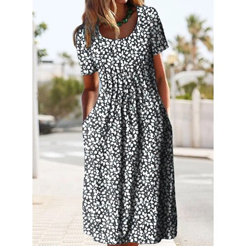 

Women's Casual Dress Midi Dress Black Blue Short Sleeve Print Spring Summer Crew Neck 2022 S M L XL XXL 3XL