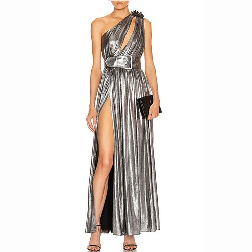 

Women's Party Dress Maxi long Dress Silver Sleeveless Pure Color Split Lace up Cold Shoulder Spring Summer One Shoulder Party Elegant 2022 S M L