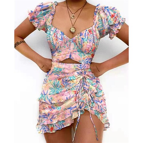 

Women's Casual Dress Floral Dress Mini Dress Blue Purple Pink Short Sleeve Floral Ruched Spring Summer Square Neck Weekend 2022 S M L XL