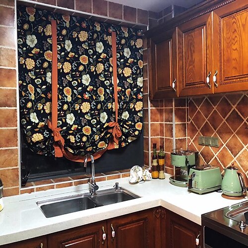 

Tie Up Curtain Rod Pocket Valance Farmhouse Flower for Bathroom Hotel Kitchen Living Room Window Tier Curtain,Door Curatin, Girls Bedroom Cascade