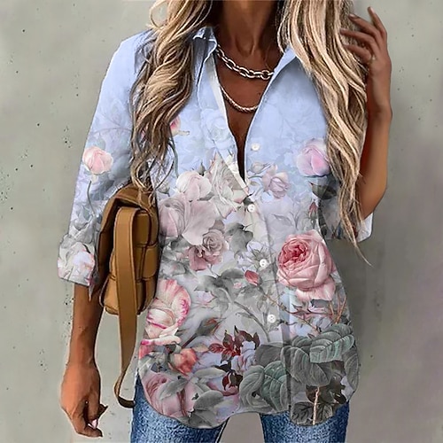 

Women's Blouse Shirt Blue Floral Button Print Long Sleeve Daily Weekend Streetwear Casual Shirt Collar Regular Floral S