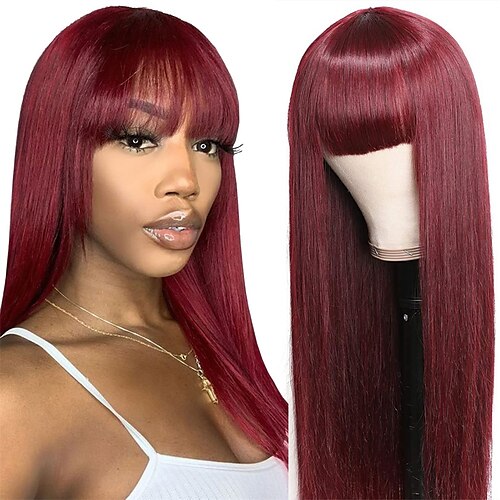 

Burgundy Human Hair Wig with Bangs Silky Straight Brazilian Virgin Hair 99J Non Lace Front Machine Made Glueless Wigs for Women Wine Red Color 26 Inches