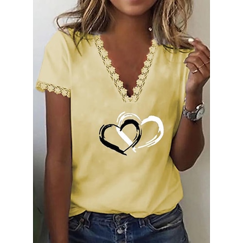 

Women's Casual Weekend Painting Couple T shirt Tee Heart Short Sleeve Lace Trims Print V Neck Basic Tops White Blue Yellow S