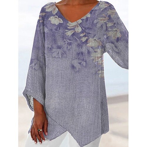 

Women's Blouse Shirt Tunic Purple Floral Asymmetric Print Long Sleeve Holiday Weekend Casual Beach V Neck Long Floral S