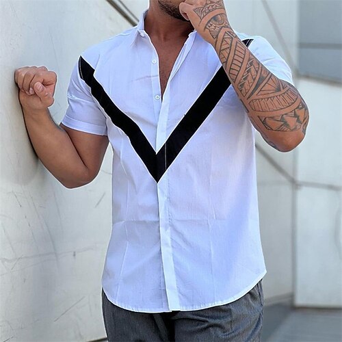 

Men's Shirt Geometry Turndown Black / White Street Casual Short Sleeve Button-Down Clothing Apparel Fashion Casual Comfortable / Beach