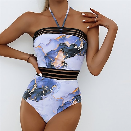 

Women's Swimwear One Piece Monokini Bathing Suits Normal Swimsuit Tummy Control Open Back Printing High Waisted Gradient Color Green Blue Coffee Strapless Bathing Suits Sexy Vacation Fashion / Modern