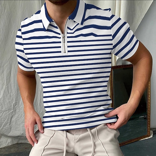 

Men's Collar Polo Shirt Golf Shirt Striped Turndown Blue / White Street Casual Short Sleeve Button-Down Clothing Apparel Basic Designer Slim Fit Big and Tall / Beach