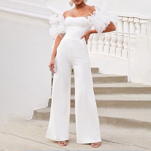 

Damen Jumpsuit Rüsche Rückenfrei Feste Farbe Schulterfrei Strassenmode Elegant Party Arbeit Regular Fit Kurzarm Weiß S M L XL Frühling