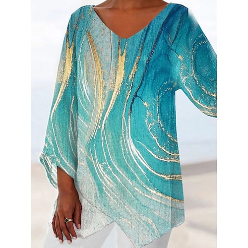 

Women's Shirt Blouse Tunic Green Graphic Abstract Asymmetric Print Long Sleeve Holiday Weekend Casual Beach V Neck Long S