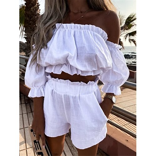 

Women's Tracksuit Shorts Sets Streetwear Khaki White Casual Daily Plain Ruffle Off Shoulder S M L XL XXL